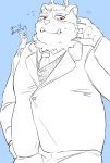  &lt;3 &lt;3_eyes 2019 anthro blue_background blush clothing hi_res humanoid_hands japanese_text male necktie shirt simple_background slightly_chubby suit text tokyo_afterschool_summoners topwear tsathoggua video_games ywjbkzalt80rwgi 