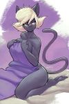  absurd_res breasts cat_tail cleavage clothed clothing covering covering_self dark_fur domestic_cat feet felid feline felis female fur hair hi_res holding_(disambiguation) kneeling mammal nemo_(cat_witch) nude purple_hair short_hair side_boob soles solo spikedmauler white_hair 