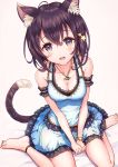  1girl animal_ear_fluff animal_ears bare_arms bare_shoulders barefoot between_legs black_hair blue_dress blush bracelet breasts brown_eyes cat_ears cat_girl cat_tail cleavage collarbone commentary_request dress hair_between_eyes hair_ornament highres jewelry looking_at_viewer medium_breasts necklace open_mouth original sakura_ani short_hair sitting sleeveless sleeveless_dress solo star star_hair_ornament tail thighs v_arms wariza 