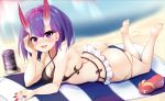  1girl :3 absurdres ass bangs bare_arms bare_legs bare_shoulders beach beach_towel bikini bob_cut breasts cleavage commentary_request day eyeshadow fate/grand_order fate_(series) feet feet_up frilled_bikini frills full_body gradient_horns hair_between_eyes hand_up highres legs light_blush looking_at_viewer lying makeup moneko1107 nail_polish on_stomach oni_horns open_mouth outdoors purple_eyes purple_hair red_eyeshadow red_footwear red_horns red_nails sandals_removed short_hair shuten_douji_(fate/grand_order) soles solo swimsuit towel 