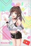  1girl :d a.i._channel absurdres bare_shoulders belt black_choker black_shorts blue_eyes breasts brown_hair character_name choker commentary_request cowboy_shot crossed_arms hand_up highres kizuna_ai large_breasts long_hair looking_at_viewer midriff multicolored_hair off_shoulder open_mouth shirt short_shorts shorts sidelocks smile solo standing streaked_hair sweatband teratsuki thighs v virtual_youtuber white_shirt 