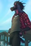  2019 anthro black_hair canid canine clothed clothing digital_media_(artwork) hair male mammal red_nose satsukii smile solo standing 