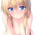  1girl blonde_hair blue_eyes blush breasts cleavage closed_mouth collarbone darjeeling eyebrows_visible_through_hair girls_und_panzer highres kuzuryuu_kennosuke large_breasts long_hair looking_at_viewer nude pouty_lips shiny shiny_hair shiny_skin simple_background solo upper_body white_background 
