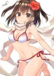  1girl barefoot bikini breasts brown_eyes brown_hair cowboy_shot dated flower hair_flower hair_ornament hibiscus kantai_collection looking_at_viewer medium_breasts remodel_(kantai_collection) scarf sendai_(kantai_collection) side-tie_bikini signature simple_background smile solo swimsuit two_side_up white_background white_bikini white_scarf yumi_yumi 