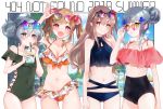  404_(girls_frontline) 4girls ahoge artist_request bangs bikini blush blush_stickers breasts brown_hair collarbone commentary_request cowboy_shot cup double_bun drinking english_text eyewear_on_head facial_mark flower frilled_bikini frilled_swimsuit frills g11_(girls_frontline) girls_frontline hair_flower hair_ornament highres hk416_(girls_frontline) holding holding_cup long_hair looking_at_viewer medium_breasts medium_hair multiple_girls one-piece_swimsuit open_mouth scar scar_across_eye side_ponytail silver_hair small_breasts smile sunglasses swimsuit tagme thigh_gap ump45_(girls_frontline) ump9_(girls_frontline) waving 