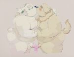  2019 anthro balls belly black_nose butt canid canine canis cu_sith_(tas) domestic_dog dumdum duo eyes_closed eyewear glasses hand_holding hi_res hug kissing leib_(tas) male male/male mammal moobs nipples overweight overweight_male penis polar_bear simple_background tokyo_afterschool_summoners ursid ursine video_games 