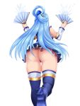  1girl aqua_(konosuba) arched_back ass bare_shoulders blonde_hair blue_footwear blue_shirt blue_skirt blue_thong boots breasts detached_sleeves fan folding_fan foreshortening frilled_skirt frills from_behind hair_ornament hair_rings hands_up high_heel_boots high_heels highres holding holding_fan kono_subarashii_sekai_ni_shukufuku_wo! leaning_forward leg_up long_hair magic medium_breasts microskirt nyatokanyaru perspective shirt simple_background skirt solo standing standing_on_one_leg thigh_boots thigh_gap thighhighs thighs thong upskirt very_long_hair water white_background 