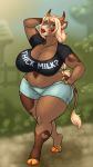  anthro big_breasts bottomwear bovid bovine breasts cleavage clothed clothing female hi_res huge_breasts mammal patra_klee&#039;aa pose shorts slightly_chubby vkyrie voluptuous 