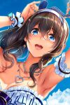  1girl :d aqua_nails arm_garter armpits arms_up bangs bare_shoulders belt black_hair blue_eyes blue_ribbon blue_sky blush breasts chain_necklace cleavage cloud collarbone cowboy_shot day eyebrows_visible_through_hair hair_between_eyes hair_ornament hair_ribbon hairband heart heart_necklace highres idolmaster idolmaster_cinderella_girls large_breasts long_hair looking_at_viewer navel nohito open_mouth outdoors ribbon sagisawa_fumika sidelocks skindentation sky smile solo star star_hair_ornament toned wavy_hair 