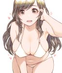  1girl adjusting_hair bra breasts brown_eyes brown_hair cowboy_shot eyebrows_visible_through_hair heart idolmaster idolmaster_shiny_colors large_breasts long_hair looking_at_viewer navel open_mouth panties simple_background solo sunaba_suzume teeth tsukioka_kogane underwear underwear_only white_background white_bra white_panties 