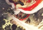  1girl belt blonde_hair boots cape cross-laced_clothes flamberge flamberge_(seojh1029) fur_trim grey_eyes hair_ribbon highres jun_(seojh1029) long_hair looking_at_viewer motion_blur original ribbon sword two-handed_sword weapon 