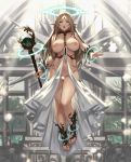  2019 absurd_res blonde_hair blue_eyes breasts clothed clothing elf female floating hair hi_res holding_object houtengeki humanoid humanoid_pointy_ears long_hair looking_at_viewer magic navel nipples not_furry open_mouth partially_clothed skimpy solo staff 
