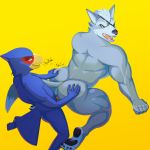  1:1 2019 anthro avian bird butt canid canine canis digital_media_(artwork) duo erection falco_lombardi fur hi_res jrjresq larger_male male male/male mammal muscular nintendo nude open_mouth penetration penis sex simple_background size_difference small_dom_big_sub smaller_male star_fox video_games wolf wolf_o&#039;donnell 
