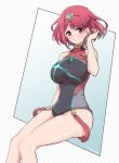  1girl bangs blue_eyes blush breasts competition_swimsuit earrings gem highres homura_(xenoblade_2) jewelry large_breasts looking_at_viewer mochimochi_(xseynao) one-piece_swimsuit red_eyes red_hair red_shorts red_swimsuit short_hair shorts solo swimsuit tiara xenoblade_(series) xenoblade_2 