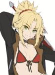  1girl bangs bikini black_jacket blonde_hair braid breasts collarbone commentary_request eyebrows_visible_through_hair fate/grand_order fate_(series) green_eyes hair_ornament hair_scrunchie highres holding holding_sword holding_weapon jacket long_hair looking_at_viewer mordred_(fate)_(all) mordred_(swimsuit_rider)_(fate) parted_bangs ponytail red_bikini red_scrunchie scrunchie simple_background solo swimsuit sword tonee weapon white_background 