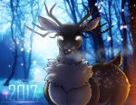  2017 absurd_res antlers cervid english_text female feral fog forest fur glowing glowing_eyes hi_res holidays horn lips lipstick looking_at_viewer makeup mammal monster new_year outside quadruped signature smile solo specimen_8 spooky&#039;s_jump_scare_mansion text thick_lips tree walter_sache watermark wendigo white_eyes 
