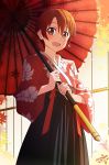  1girl absurdres bangs blush brown_eyes cowboy_shot floral_print hakama highres holding holding_umbrella inami_mahiru japanese_clothes kimono leaf leaf_print looking_at_viewer open_mouth orange_hair oriental_umbrella pink_x red_kimono short_hair smile solo umbrella working!! 