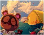  2019 animal_crossing anthro balloon brown_fur canid canine clothing cloud english_text eyes_closed fur hi_res male mammal moon nintendo outside raccoon_dog shirt solo srfennec tanuki tent text tom_nook_(animal_crossing) topwear video_games 
