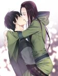  1boy 1girl adam&#039;s_apple black_hair blurry blurry_background brown_hair closed_eyes hood hood_down hooded_jacket hug jacket kiss long_hair long_sleeves nayuta/iho original outdoors profile simple_background wide_sleeves 