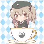  1girl bandages bangs beret blush boko_(girls_und_panzer) brown_eyes brown_hair chibi cup emblem eyebrows_visible_through_hair girls_und_panzer hat holding_toy long_hair long_sleeves mitarashi_neko_(aamr7853) ribbon selection_university_(emblem) selection_university_military_uniform shimada_arisu side_ponytail solo stuffed_animal stuffed_toy teacup teddy_bear 