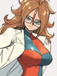  1girl android_21 black-framed_eyewear blue_eyes breasts brown_hair checkered checkered_dress closed_mouth dragon_ball dragon_ball_fighterz dress earrings glasses grey_background hoop_earrings jewelry labcoat large_breasts long_hair looking_at_viewer simple_background smile solo st62svnexilf2p9 two-tone_dress 