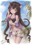  1girl 2019 :o animal_ear_fluff animal_ears arms_up bare_shoulders beach black_bikini_top blue_sky blush brown_hair cat_ears cat_tail cloud collarbone cropped_legs day eyewear_on_head green_eyes hand_in_hair hand_on_own_chest head_tilt jacket kyaru_(princess_connect) long_hair looking_at_viewer low_twintails ocean off-shoulder_jacket open_clothes open_shorts outdoors palm_tree princess_connect! princess_connect!_re:dive purple_jacket rylsnow shorts sky solo summer sunglasses tail tree twintails very_long_hair white_shorts 