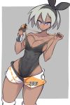 1girl abs alternate_costume black_swimsuit blue_eyes blush breasts commentary_request cowboy_shot dark_skin gloves grey_hair hairband highleg highleg_swimsuit highres nac000 pokemon pokemon_(game) pokemon_swsh saitou_(pokemon) short_hair shorts solo swimsuit two-tone_background 