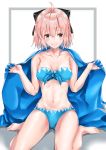  1girl absurdres ahoge barefoot bikini black_bow blanket blue_bikini blush bow breasts brown_eyes cleavage collarbone commentary_request fate/grand_order fate_(series) hair_between_eyes hair_bow highres looking_at_viewer medium_breasts navel okita_souji_(fate) okita_souji_(fate)_(all) pink_hair short_hair sitting smile solo strapless strapless_bikini swimsuit wariza yu_sa1126 