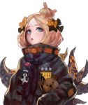  1girl abigail_williams_(fate/grand_order) absurdres bangs belt black_bow black_jacket blonde_hair blue_eyes bow chestnut_mouth fate/grand_order fate_(series) hair_bow hair_bun highres jacket long_hair long_sleeves looking_at_viewer open_mouth orange_bow parted_bangs rsef sleeves_past_fingers sleeves_past_wrists solo stuffed_animal stuffed_toy teddy_bear tentacles upper_body 