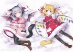  2girls absurdres adapted_costume animal_ear_fluff animal_ears bangs bat_wings black_legwear blonde_hair blue_hair blush boots bow bowtie brown_footwear capelet cat_ears cat_tail coat coat_dress dress earmuffs eyebrows_visible_through_hair fake_animal_ears flandre_scarlet frilled_capelet frills full_body hair_between_eyes hair_ribbon head_tilt high_heel_boots high_heels highres holding huge_filesize looking_at_viewer lying mimi_(mimi_puru) mittens multiple_girls neck_ribbon no_hat no_headwear on_back own_hands_together pantyhose paw_print petticoat pink_capelet pink_coat pink_dress pink_skirt pleated_skirt red_bow red_capelet red_coat red_dress red_eyes red_neckwear red_ribbon red_skirt remilia_scarlet ribbon scan short_hair siblings side_ponytail sisters skirt smile snow snowing tail touhou translation_request wings yellow_neckwear yellow_ribbon 