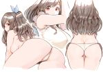  1girl all_fours armpits ass back bare_arms bare_shoulders blue_ribbon breasts brown_eyes brown_hair frills from_behind hair_ribbon idolmaster idolmaster_shiny_colors large_breasts long_hair looking_at_viewer multiple_views one_side_up panties parted_lips profile ribbon shirt side-tie_panties sidelocks sleeveless sleeveless_shirt sunaba_suzume thighs topless tsukioka_kogane underwear white_panties white_shirt 