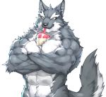  2019 abs anthro biceps canid canine canis captainjohkid digital_media_(artwork) fur hi_res male mammal muscular muscular_male pecs simple_background solo wolf 