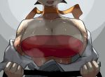  1girl belt black_belt black_hair bra breasts breath choker cleavage close-up collarbone dougi head_out_of_frame heavy_breathing large_breasts lineni makoto_(street_fighter) open_mouth partially_undressed red_bra ribbon_choker short_hair simple_background solo sports_bra street_fighter street_fighter_iii_(series) street_fighter_iv_(series) sweat tomboy underwear upper_body 