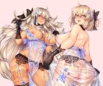  2girls ahoge alternate_costume architecture artoria_pendragon_(all) artoria_pendragon_(lancer_alter) artoria_pendragon_(lancer_alter)_(cosplay) ass black_bow black_gloves black_legwear blonde_hair blush body_writing bow breasts censored choker cosplay dark_skin fate/grand_order fate_(series) garter_belt gloves hair_bow half_updo heart heart_censor highres large_breasts lingerie long_hair looking_at_viewer medium_hair mia_(gute-nacht-07) multiple_girls okita_souji_(alter)_(fate) okita_souji_(fate) okita_souji_(fate)_(all) pink_background pussy_juice royal_icing sweat underwear white_hair yellow_eyes 