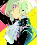  1boy black_jacket close-up cravat earrings face gloves green_hair ichinose777 jacket jewelry lio_fotia looking_at_viewer male_focus portrait promare purple_eyes solo 