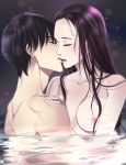  1boy 1girl black_hair breasts closed_eyes collarbone gradient gradient_background hand_on_another&#039;s_shoulder hetero kiss long_hair medium_breasts nayuta/iho nipples nude original simple_background upper_body very_long_hair water 