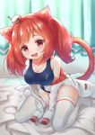  1girl animal_ears azur_lane blanket blush breasts cat_ears cat_tail curtains eyebrows_visible_through_hair fang full_body hair_between_eyes hair_ornament highres i-19_(azur_lane) indoors jacket large_breasts long_hair long_sleeves looking_at_viewer one-piece_swimsuit open_mouth red_eyes red_hair school_swimsuit sitting smile solo swimsuit tail thighhighs twintails waftil wariza white_jacket white_legwear 
