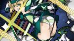  1girl akatsuki_kirika ass blonde_hair breasts commentary_request elbow_gloves from_behind gloves green_eyes hair_ornament headgear leotard looking_at_viewer looking_back medium_breasts parted_lips rootdesign scythe senki_zesshou_symphogear shiny shiny_hair shiny_skin short_hair smile solo striped striped_legwear teeth x_hair_ornament 