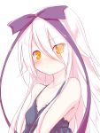  1girl bangs bare_shoulders black_dress blush bow breasts closed_mouth collarbone dress eyebrows_visible_through_hair eyes_visible_through_hair hair_between_eyes hair_bow highres hoshizora_no_memoria long_hair looking_at_viewer mare_s_ephemeral orange_eyes purple_bow simple_background sleeveless sleeveless_dress small_breasts solo upper_body white_background white_hair yuku_(kiollion) 