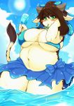  &lt;3 anthro belly beverage big_breasts blush bottomwear bovid bovine breasts cattle clothing female hi_res horn looking_at_viewer mammal megane_inu nipple_outline overweight overweight_female skirt solo swimwear thick_thighs 