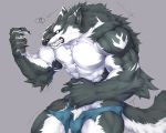  2019 5:4 5_fingers abs anthro biceps black_fur black_nose brown_pawpads bulge canid canine canis captainjohkid clothing digital_media_(artwork) fingers fur hi_res male mammal multicolored_fur muscular muscular_male pawpads pecs portrait simple_background solo three-quarter_portrait torn_clothing two_tone_fur were werecanid werecanine werewolf white_fur yellow_eyes 