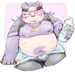  2019 alp_(tas) anthro belly blush bmf_6666 bodily_fluids bottomwear clothed clothing giant_panda hat headgear headwear humanoid_hands male mammal moobs navel nipples open_shirt overweight overweight_male pants purple_clothing purple_shirt purple_topwear shirt solo sweat tokyo_afterschool_summoners tongue tongue_out topwear ursid video_games 