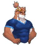  2019 anthro biceps canid canine cartuja clothing epic7 eyewear fur goggles hair hi_res male mammal multicolored_fur muscular rpbbw simple_background standing 