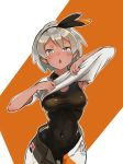 1girl absurdres armpit_peek blush bodysuit_under_clothes breasts covered_navel cowboy_shot dark_skin hairband highres joeychen looking_at_viewer medium_breasts open_mouth orange_background pokemon pokemon_(game) pokemon_swsh saitou_(pokemon) shirt_lift short_hair short_shorts short_sleeves shorts silver_eyes silver_hair simple_background skin_tight solo sweat two-tone_background white_background 
