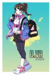  1girl adapted_costume alternate_hairstyle backpack bag brown_eyes brown_hair bubble_blowing casual chewing_gum d.va_(overwatch) full_body hair_ornament hair_scrunchie handheld_game_console hero_(ahnhannah) jacket leggings letterman_jacket looking_at_viewer overwatch playstation_vita ponytail scrunchie shirt shoes shorts sneakers solo t-shirt twitter_username whisker_markings 
