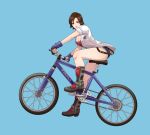  1girl absurdres armored_boots bicycle blue_background blue_gloves boots breasts brown_eyes brown_hair buttons collared_shirt denim denim_shorts fauzy_zulvikar fingerless_gloves gloves ground_vehicle highres kazama_asuka large_breasts lips looking_at_viewer loose_clothes loose_shirt mountain_bicycle partially_unbuttoned riding shirt short_hair short_shorts shorts simple_background smile solo suspender_shorts suspenders tekken tekken_7 tomboy undershirt white_shirt 