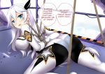  1girl ass bdsm blue_eyes blush bodysuit bondage bound breasts cecilia_schariac commentary cosplay english_commentary english_text engrish_text hair_between_eyes hair_ornament honkai_(series) honkai_impact_3rd kiana_kaslana_(white_comet) kiana_kaslana_(white_comet)_(cosplay) large_breasts long_hair looking_at_viewer ranguage sheita sideboob silver_hair solo speech_bubble sweatdrop tied_up 