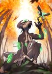  5_fingers anthro avian bird day detailed_background duo feathered_wings feathers feral fingers hi_res kyander lizard outside reptile rock scalie wings 
