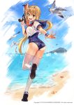  1girl :d ahoge ass bangs beach bird blonde_hair blue_sky blue_swimsuit blush breasts brown_eyes day eyebrows_visible_through_hair finger_on_trigger floating_hair haru_estia holding_water_gun leg_up long_hair looking_at_viewer low_ponytail medium_breasts neckerchief ocean old_school_swimsuit open_mouth outdoors rainmaker red_neckwear running sailor_collar sand school_swimsuit school_uniform scrunchie seagull see-through serafuku shoes short_sleeves sky smile solo soul_worker starfish sunlight swimsuit swimsuit_under_clothes thighhighs water_drop wet wet_clothes white_footwear white_legwear white_scrunchie wrist_scrunchie wristband 