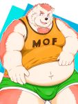  2019 anthro belly black_nose blue_eyes blush bulge canid canine canis clothing domestic_dog hi_res humanoid_hands kumajjjj male mammal moobs navel overweight overweight_male shirt solo teeth tongue topwear underwear 